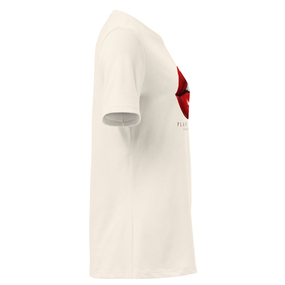 Play With Fire women's tee — Natural — side view with plain sleeve and configured front artwork; Women's Relaxed T-Shirt | Bella + Canvas 6400 Natural; supplier digital mockup.