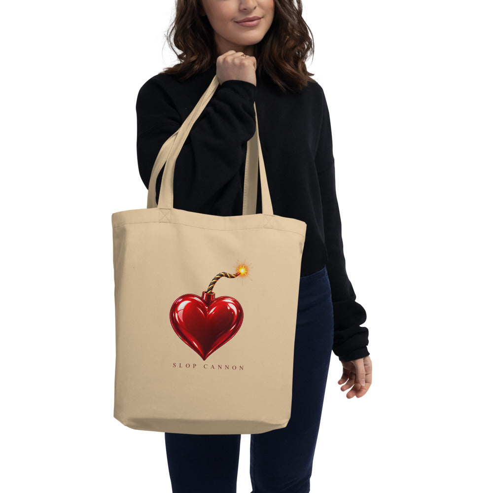 Heart Fuse tote — Oyster — model carrying tote; tote only; Eco Tote Bag | Econscious EC8000 Oyster; supplier digital mockup.