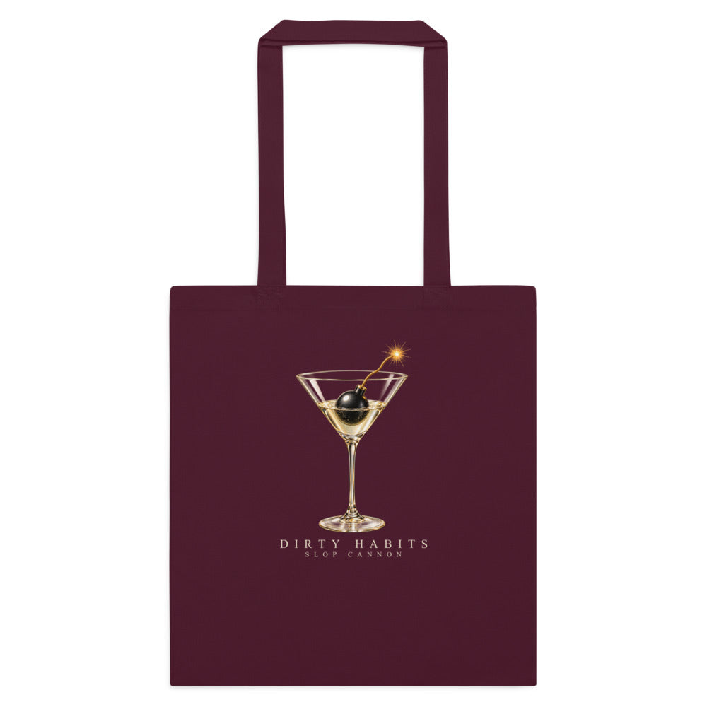 Dirty Habits tote — Burgundy — full front with approved artwork; Cotton Color Tote Bag | Westford Mill W101 Burgundy; supplier digital mockup.