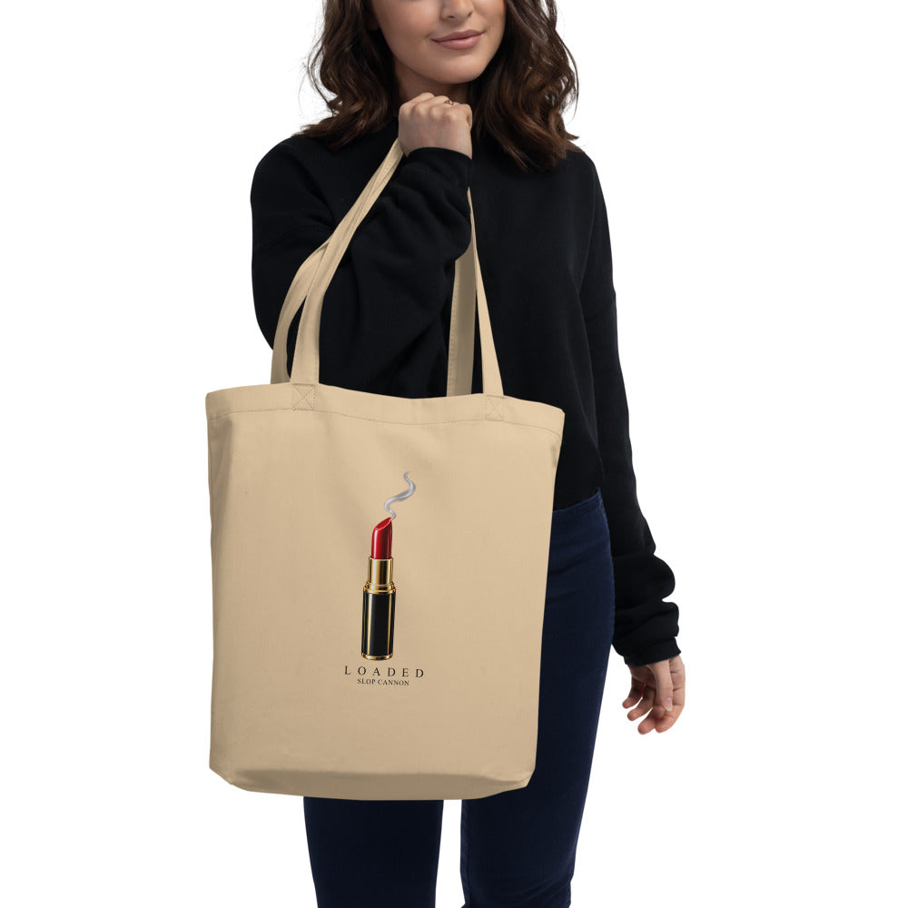 Loaded tote — Oyster — model carrying tote; tote only; Eco Tote Bag | Econscious EC8000 Oyster; supplier digital mockup.