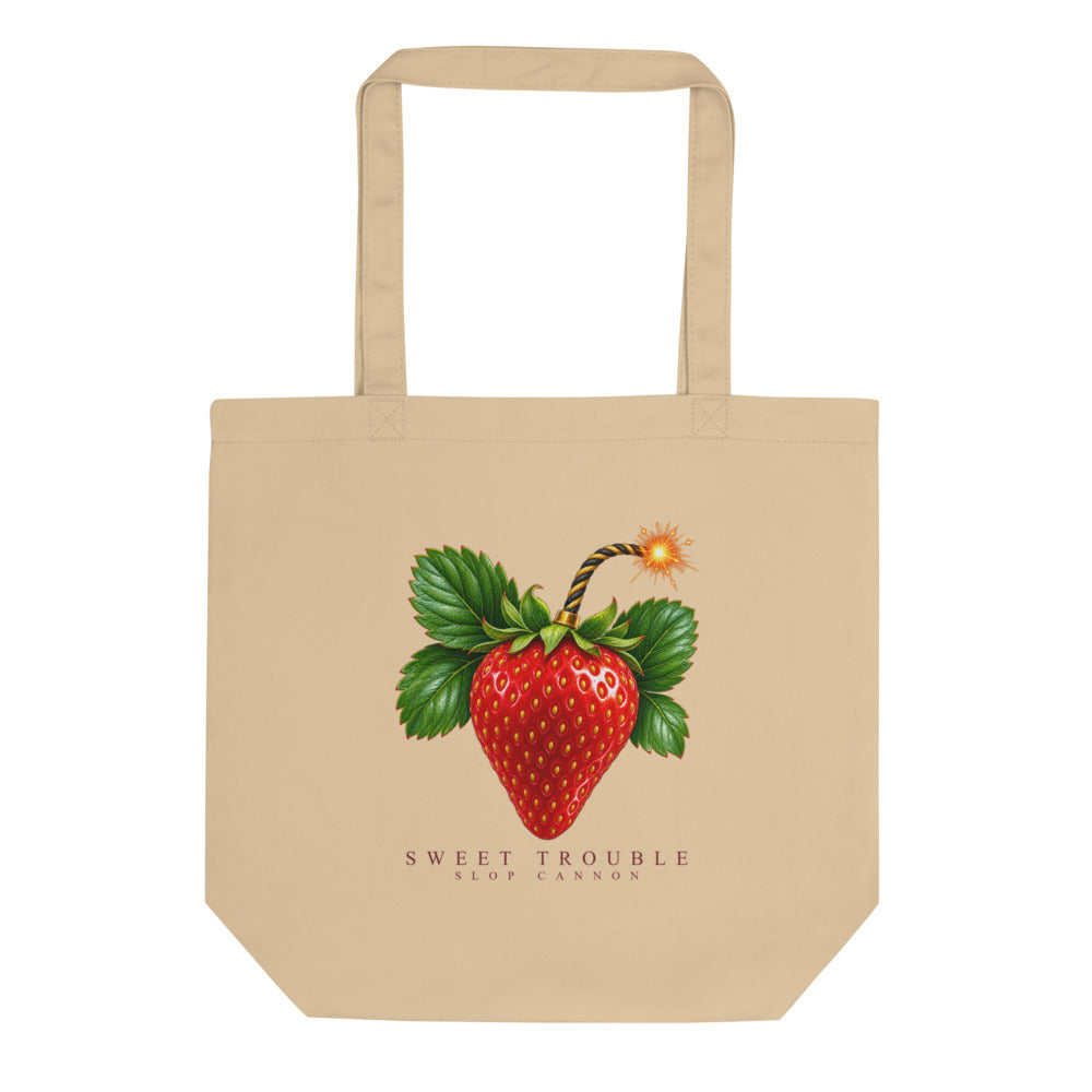 Sweet Trouble tote — Oyster — full front with approved artwork; Eco Tote Bag | Econscious EC8000 Oyster; supplier digital mockup.