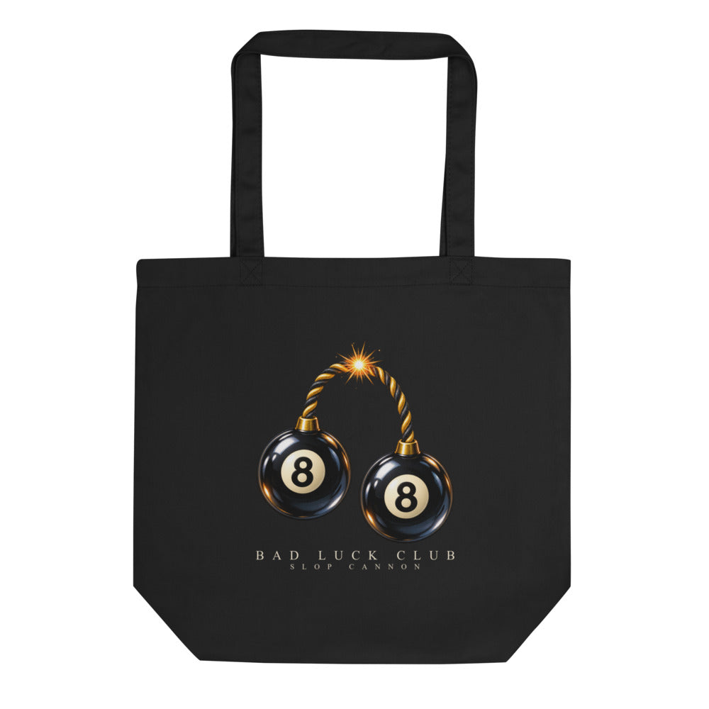 Bad Luck Club tote — Black — full front with approved artwork; Eco Tote Bag | Econscious EC8000 Black; supplier digital mockup.