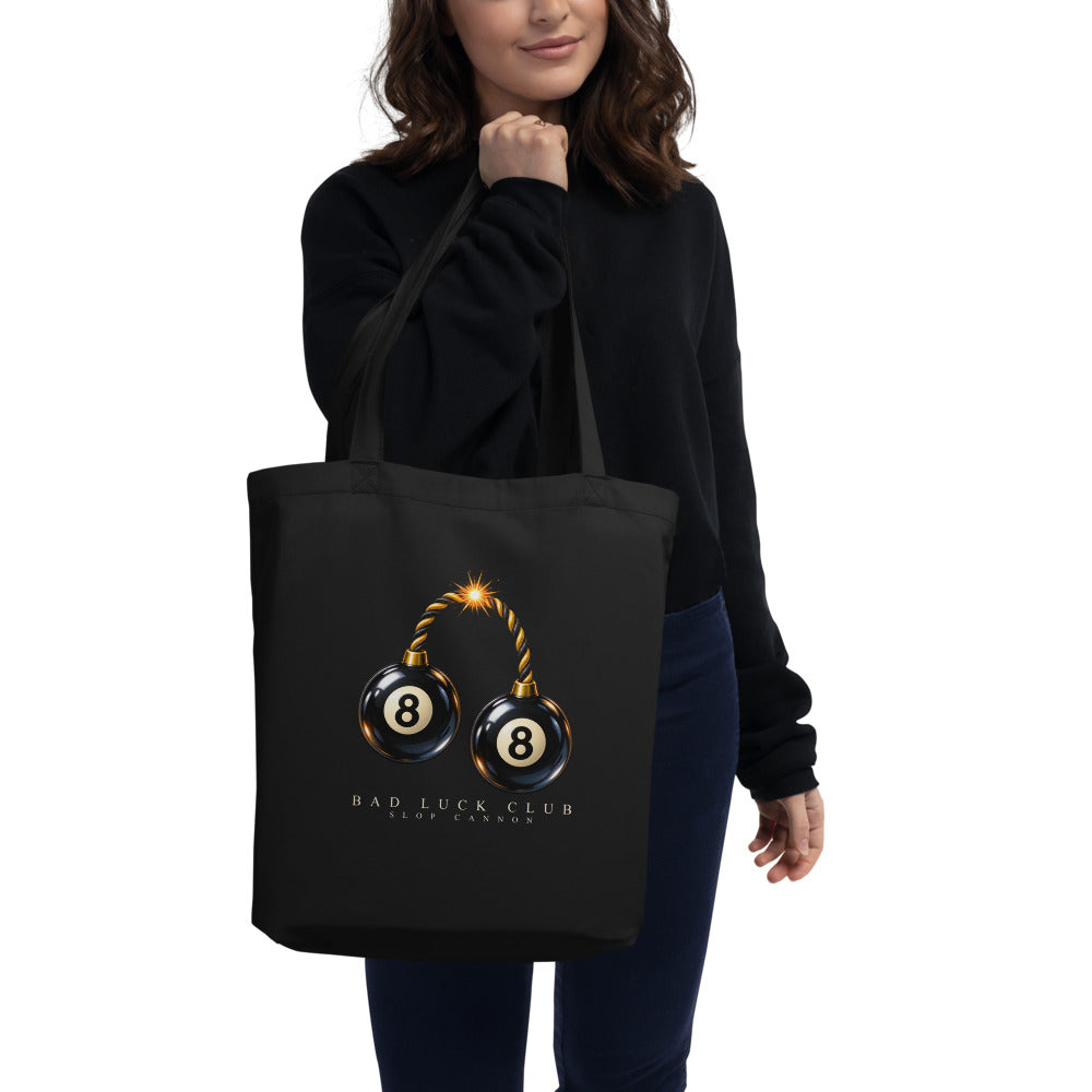 Bad Luck Club tote — Black — model carrying tote; tote only; Eco Tote Bag | Econscious EC8000 Black; supplier digital mockup.