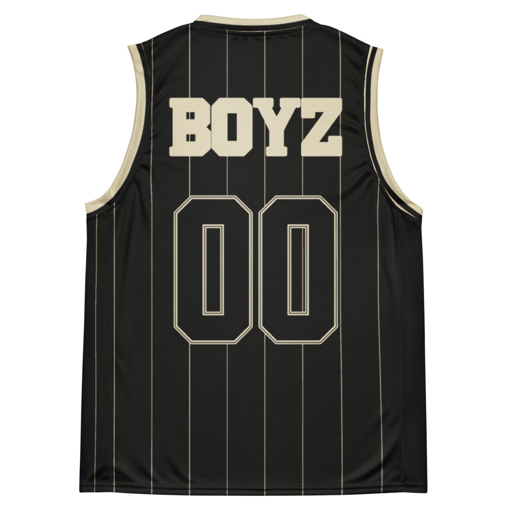 Cannon Boyz Pinstripe Jersey — Black / Cream — clean back with BOYZ and 00; Printful catalog 676 recycled polyester V-neck basketball jersey Black / Cream; supplier digital mockup.