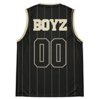 Cannon Boyz Pinstripe Jersey — Black / Cream — clean back with BOYZ and 00; Printful catalog 676 recycled polyester V-neck basketball jersey Black / Cream; supplier digital mockup.