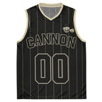 Cannon Boyz Pinstripe Jersey — Black / Cream — clean front with CANNON, paired Boyz crest and 00; Printful catalog 676 recycled polyester V-neck basketball jersey Black / Cream; supplier digital mockup.