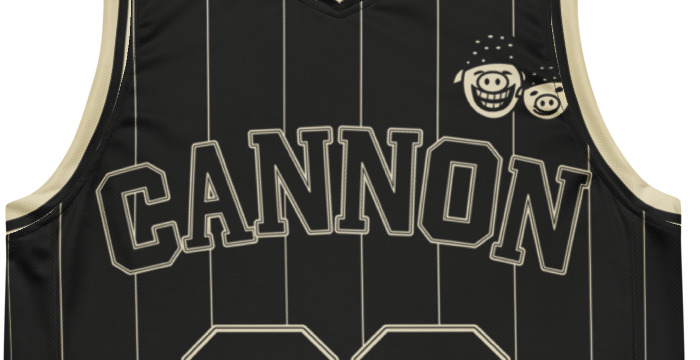 Cannon Boyz Pinstripe Jersey — Black / Cream — complete CANNON wordmark and crest detail cropped from the supplier digital mockup; Printful catalog 676 recycled polyester V-neck basketball jersey Black / Cream; supplier digital mockup.