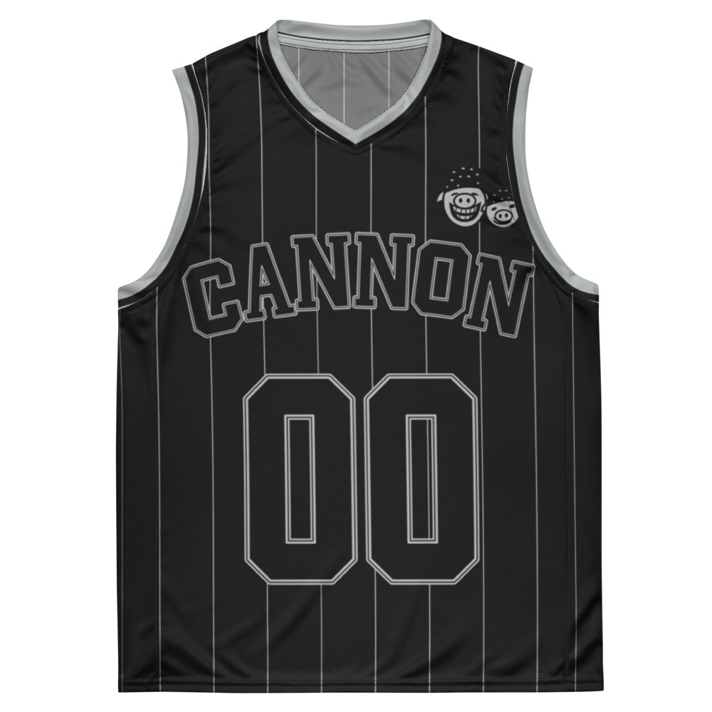 Cannon Boyz Pinstripe Jersey — Black / Silver — clean front with CANNON, paired Boyz crest and 00; Printful catalog 676 recycled polyester V-neck basketball jersey Black / Silver; supplier digital mockup.