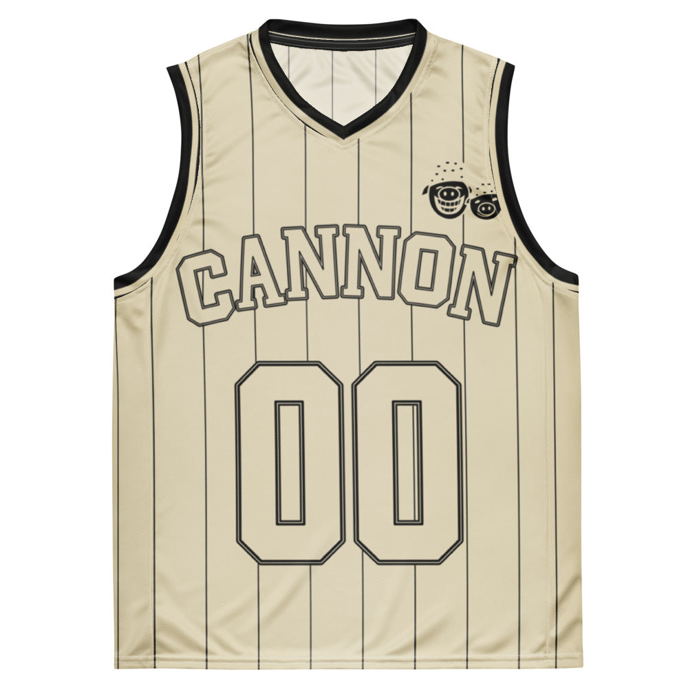 Cannon Boyz Pinstripe Jersey — Bone / Black — clean front with CANNON, paired Boyz crest and 00; Printful catalog 676 recycled polyester V-neck basketball jersey Bone / Black; supplier digital mockup.