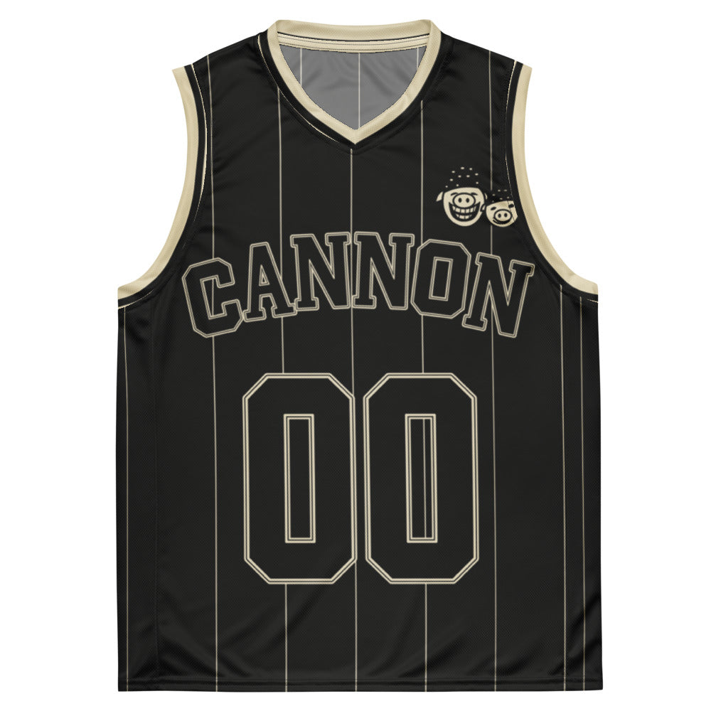Cannon Boyz Pinstripe Jersey — Black / Cream - Wide Stripe — clean front with CANNON, paired Boyz crest and 00; Printful catalog 676 recycled polyester V-neck basketball jersey Black / Cream - Wide Stripe; supplier digital mockup.