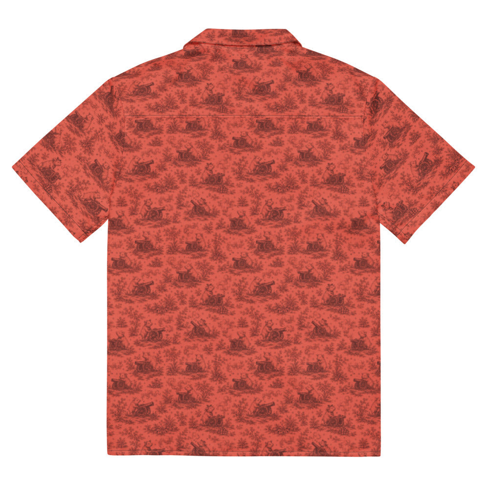 Pig Cabana Resort Shirt in coral and oxblood, printed back view. Exact supplier digital mockup. Shirt only.