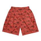 Pig Cabana Mesh Shorts in coral and oxblood, printed back view. Exact supplier digital mockup. Shorts only.