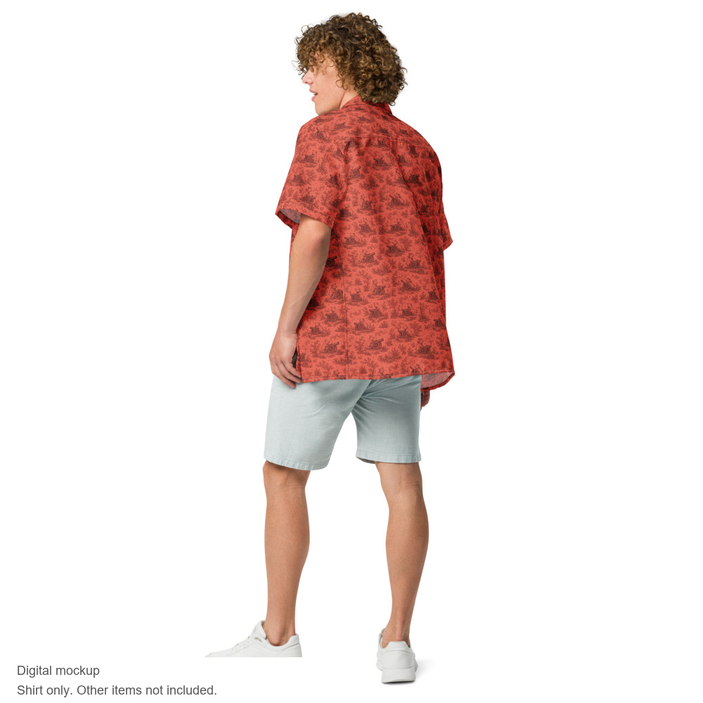 Pig Cabana resort shirt in coral and oxblood, model back. Exact supplier digital mockup. Shirt sold separately; other styling items not included.