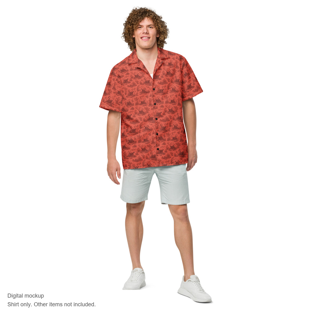 Pig Cabana resort shirt in coral and oxblood, model front. Exact supplier digital mockup. Shirt sold separately; other styling items not included.