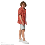 Pig Cabana resort shirt in coral and oxblood, model right. Exact supplier digital mockup. Shirt sold separately; other styling items not included.