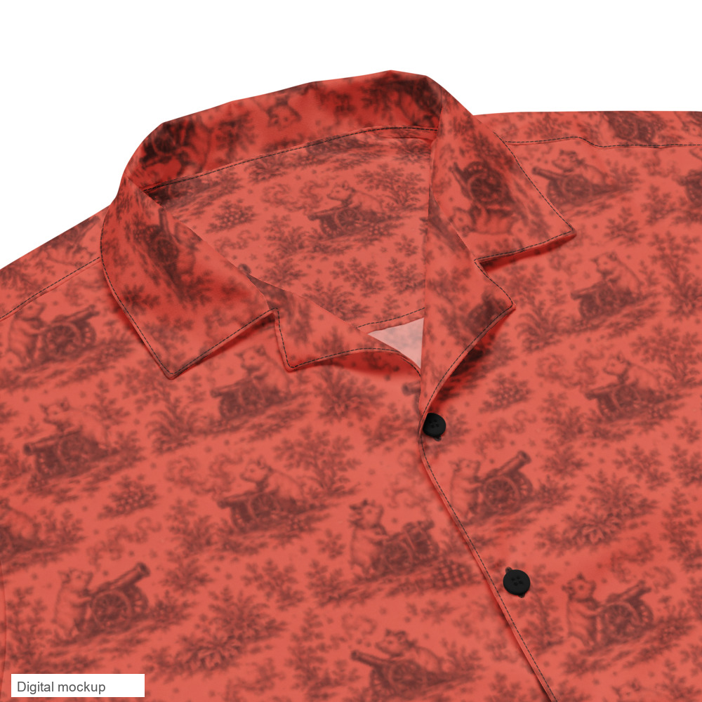 Pig Cabana resort shirt in coral and oxblood, print detail. Exact supplier digital mockup. Shirt sold separately; other styling items not included.