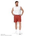 Pig Cabana mesh shorts in coral and oxblood, model front. Exact supplier digital mockup. Shorts sold separately; other styling items not included.