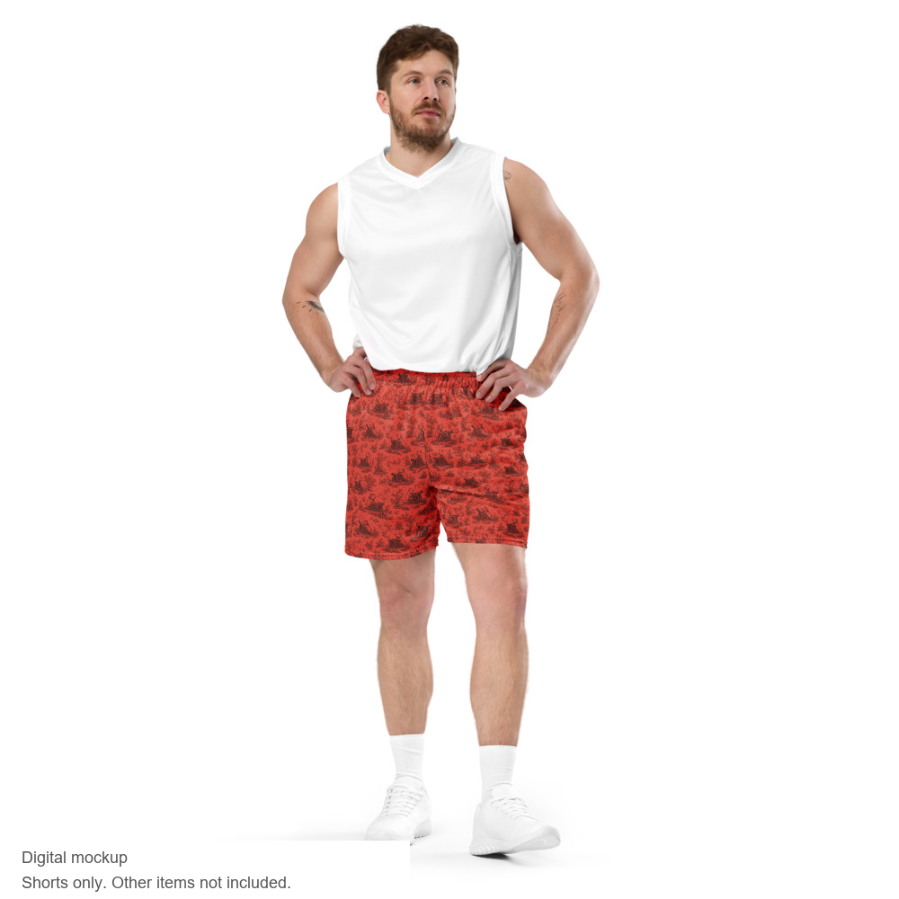 Pig Cabana mesh shorts in coral and oxblood, model front. Exact supplier digital mockup. Shorts sold separately; other styling items not included.