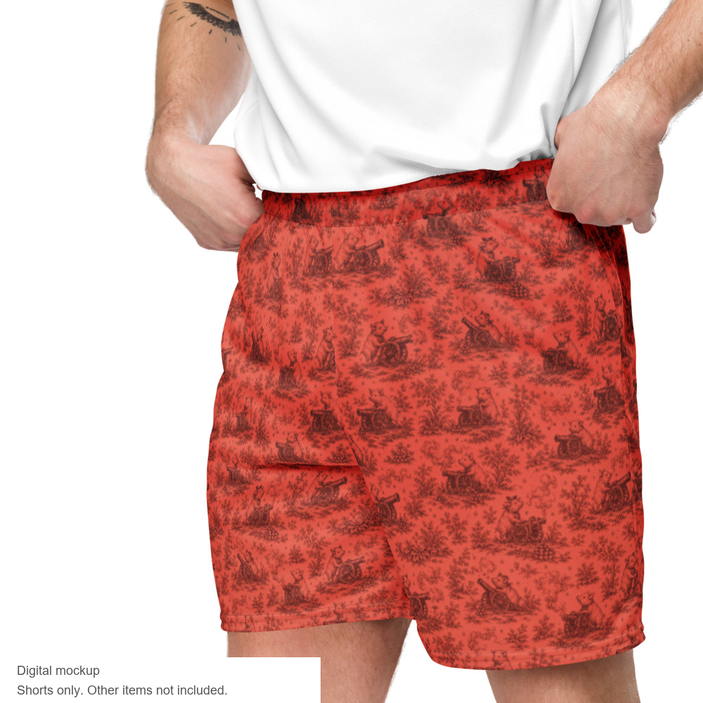 Pig Cabana mesh shorts in coral and oxblood, model three quarter. Exact supplier digital mockup. Shorts sold separately; other styling items not included.