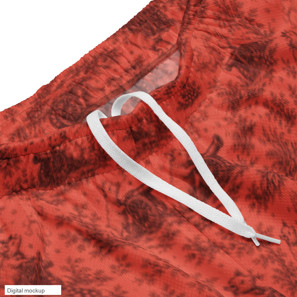Pig Cabana mesh shorts in coral and oxblood, print detail. Exact supplier digital mockup. Shorts sold separately; other styling items not included.