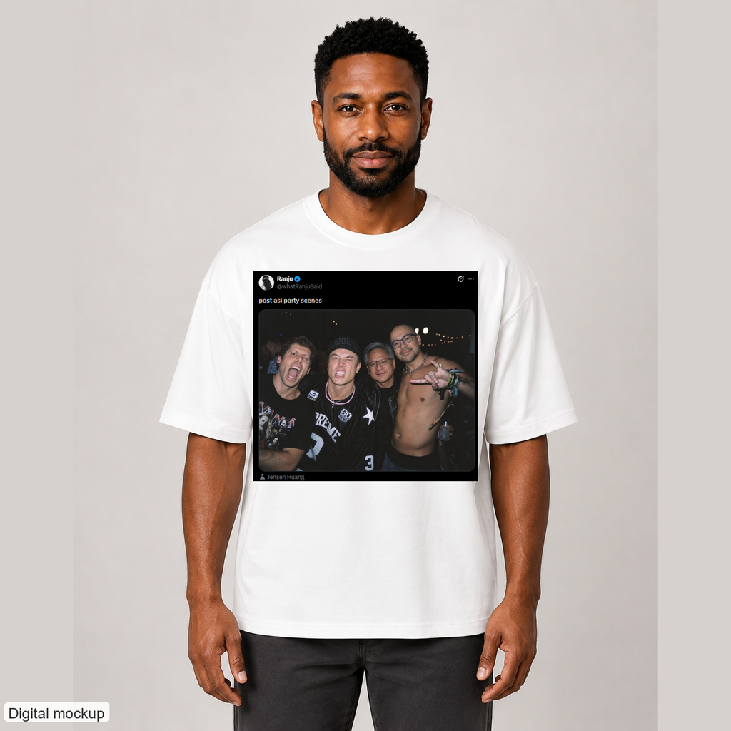 Post ASI Party Scenes oversized tee — White — Adult man wearing the front screenshot print, straight-on. Digital mockup; tee only.