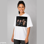 Post ASI Party Scenes oversized tee — White — Adult woman wearing the front screenshot print in a three-quarter view. Digital mockup; tee only.