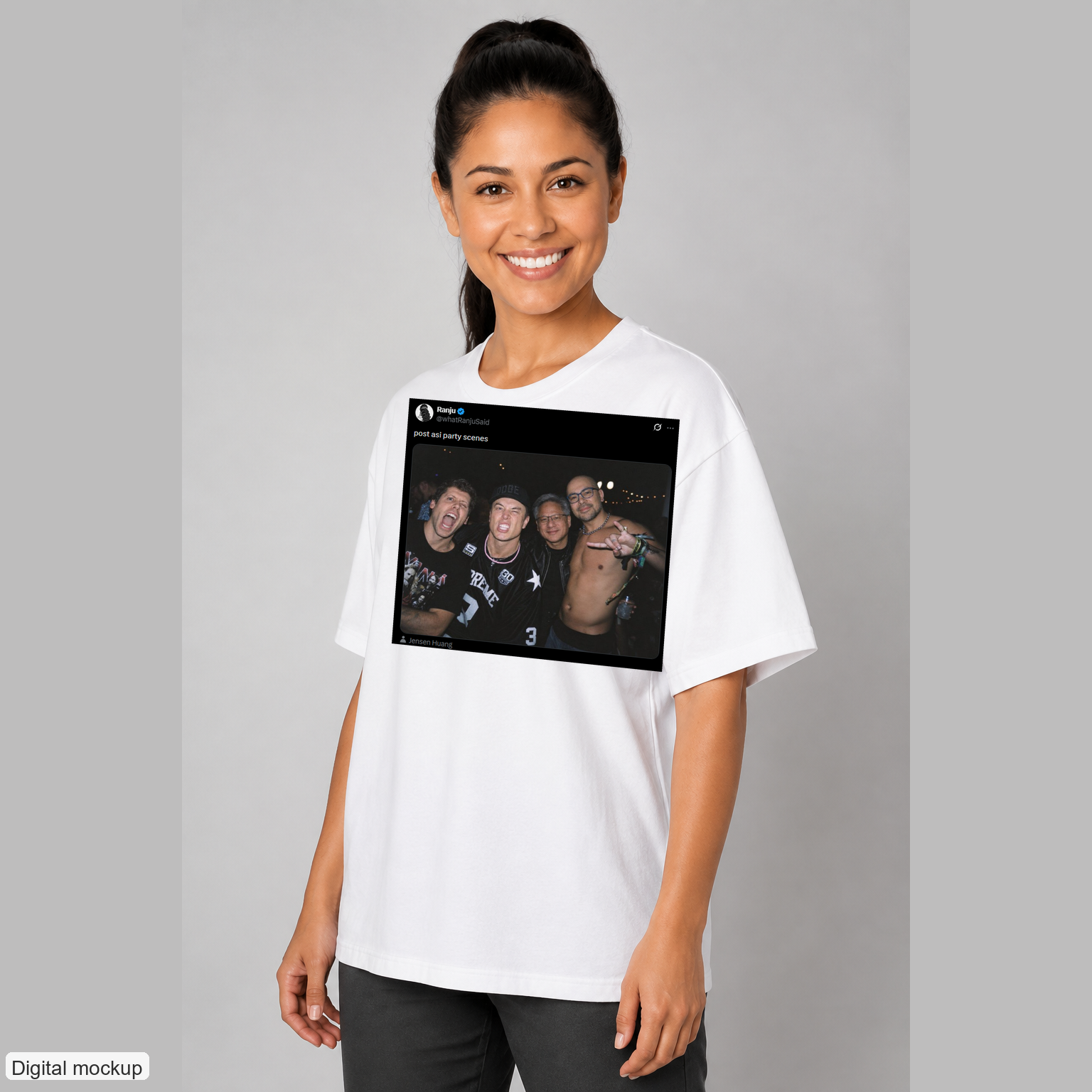 Post ASI Party Scenes oversized tee — White — Adult woman wearing the front screenshot print in a three-quarter view. Digital mockup; tee only.