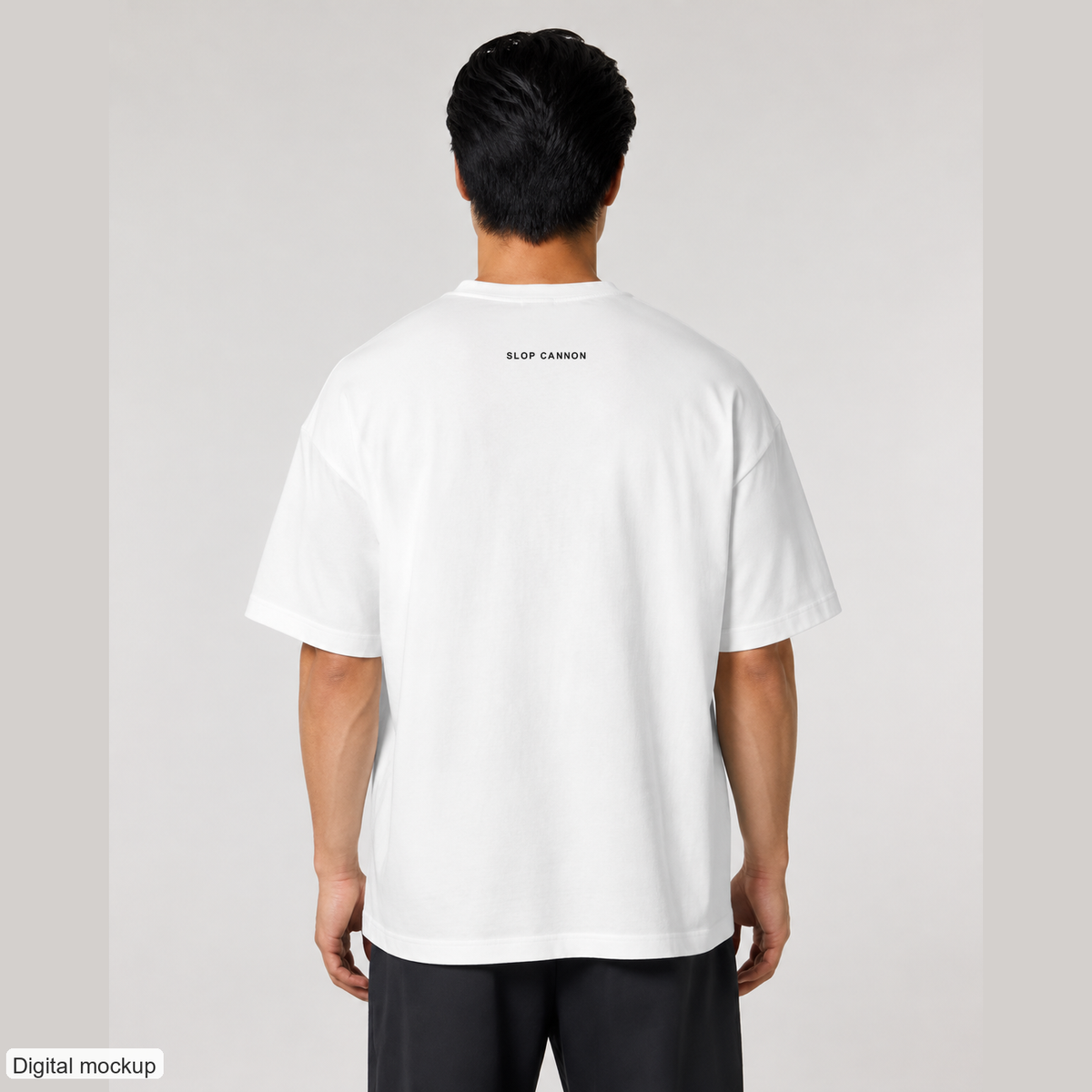 Post ASI Party Scenes oversized tee — White — Adult man wearing the back with the small SLOP CANNON upper-back wordmark, straight-on. Digital mockup; tee only.