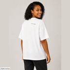 Post ASI Party Scenes oversized tee — White — Adult woman wearing the back with the small SLOP CANNON upper-back wordmark in a three-quarter view. Digital mockup; tee only.