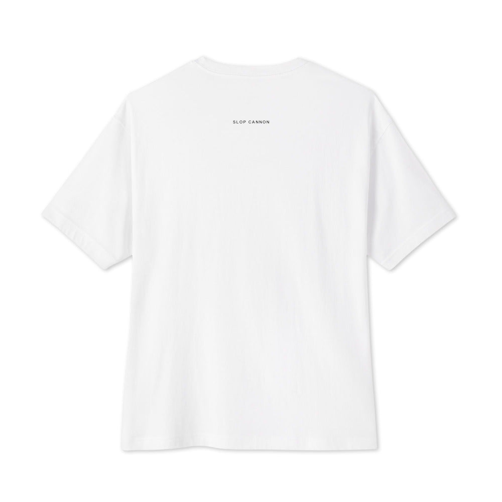 Post ASI Party Scenes oversized tee — White — Back with clean black SLOP CANNON wordmark at the highest available upper-back print position. Digital supplier mockup.