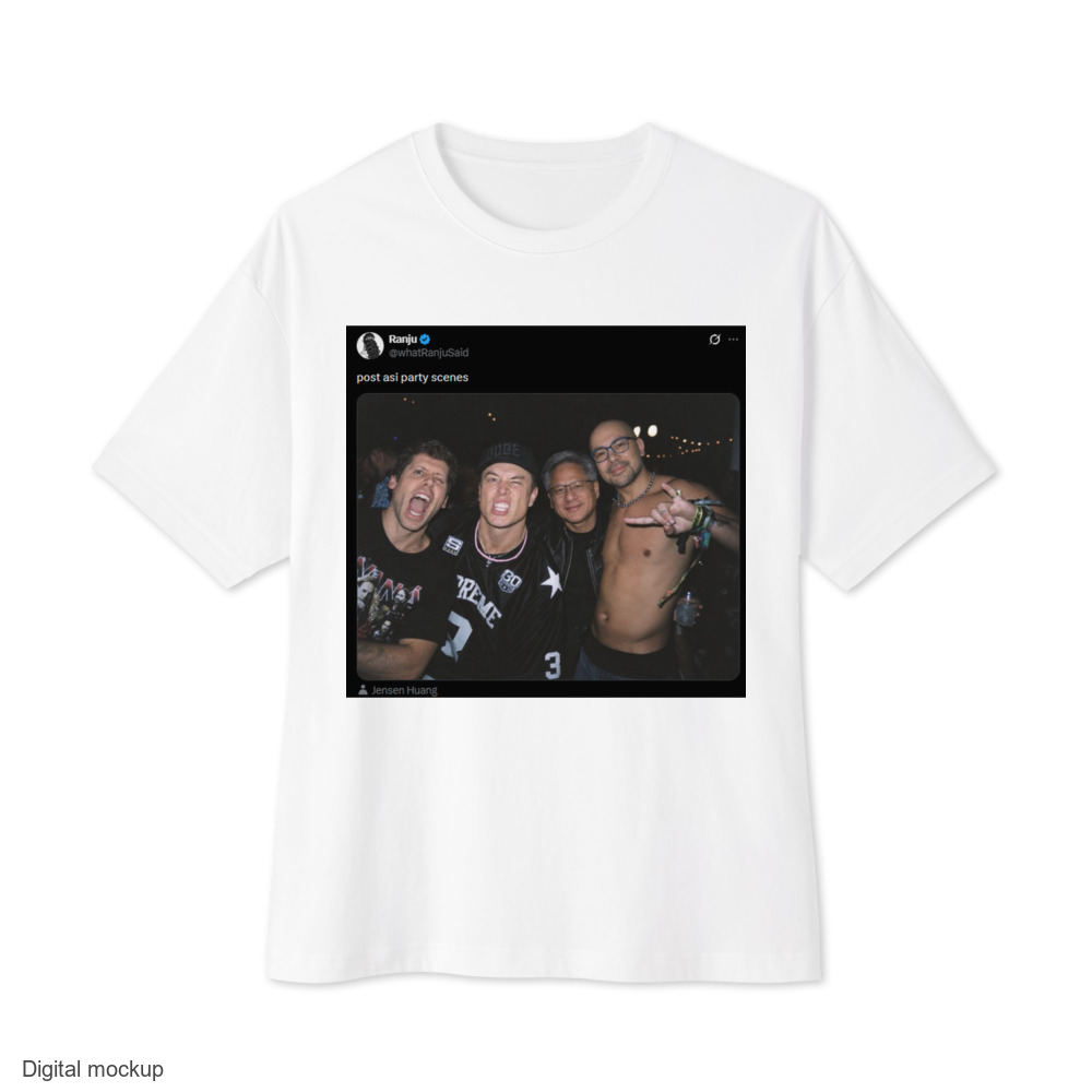 Post ASI Party Scenes oversized tee — White — Front with the complete screenshot printed approximately 14 inches wide. Digital supplier mockup.