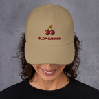 Slop Cannon Cherry Fuse Dad Cap — Khaki — adult model front; exact supplier cap composited onto a digitally generated model; digital mockup, cap only; embroidery preview is not a sewn sample.
