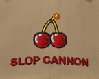 Cherry Fuse cap — Khaki — literal detail crop of supplier simulated embroidery preview; not a sewn sample or a stitch-path proof; Yupoong 6245CM cotton twill; supplier digital mockup.