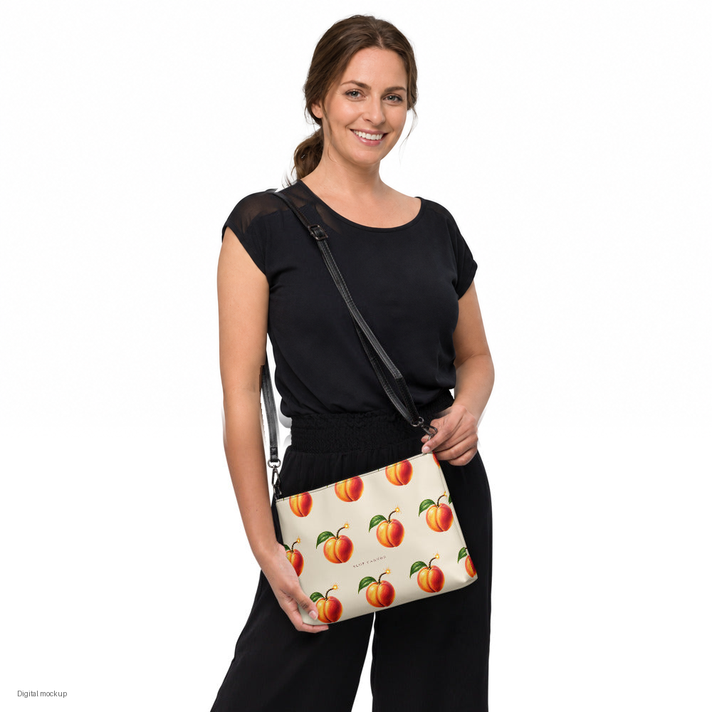 Slop Cannon Hot Piece Crossbody Bag — Cream / black trim — model-worn front view; bag only; styling clothing excluded; printed faux leather with black trim; digital model composite with exact supplier bag, strap and print pixels. Not a manufactured sample photograph.