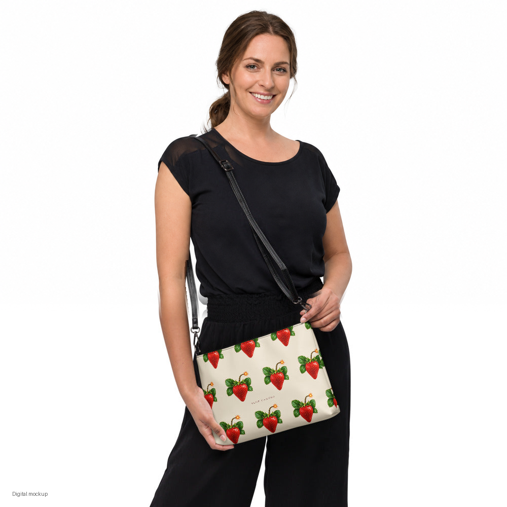 Slop Cannon Sweet Trouble Crossbody Bag — Cream / black trim — model-worn front view; bag only; styling clothing excluded; printed faux leather with black trim; digital model composite with exact supplier bag, strap and print pixels. Not a manufactured sample photograph.
