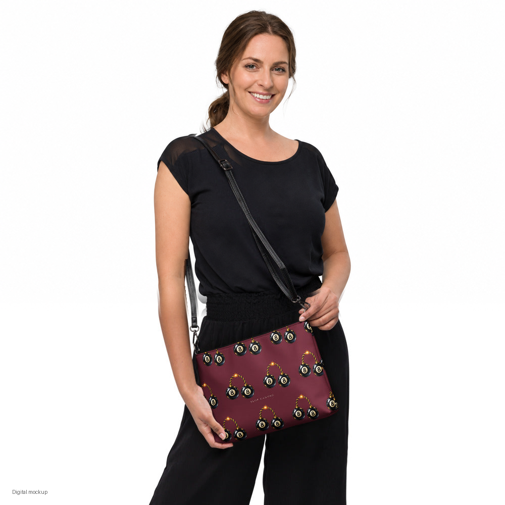 Slop Cannon Bad Luck Club Crossbody Bag — Burgundy / black trim — model-worn front view; bag only; styling clothing excluded; printed faux leather with black trim; digital model composite with exact supplier bag, strap and print pixels. Not a manufactured sample photograph.