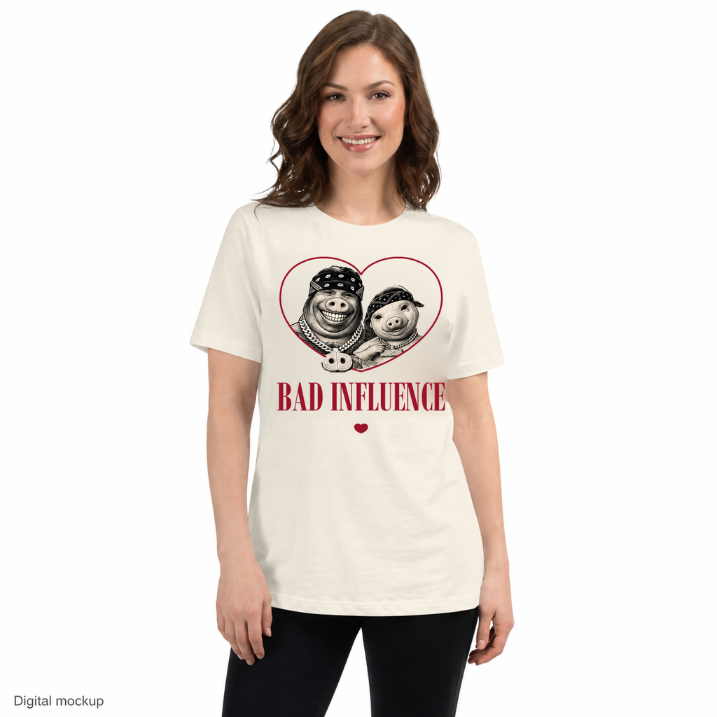 Bad Influence tee — Natural — adult model wearing the approved front artwork; tee only, styling trousers excluded; Bella + Canvas 6400; digital model and artwork composite, not a manufactured sample.