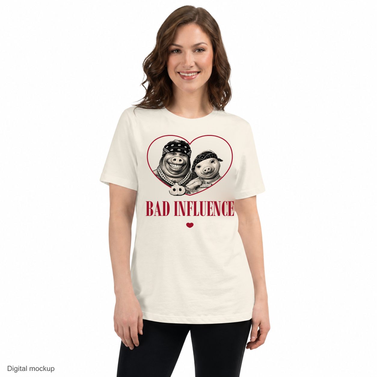 Bad Influence tee — Natural — adult model wearing the approved front artwork; tee only, styling trousers excluded; Bella + Canvas 6400; digital model and artwork composite, not a manufactured sample.