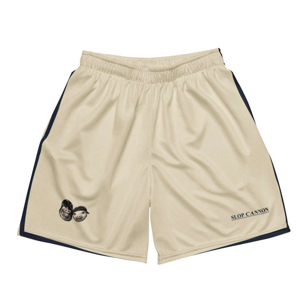 Cannon Boys mesh shorts — Bone (printed) — full front with heads, wordmark and printed contrast bands; Printful all-over-print recycled unisex mesh shorts White base with printed Bone (printed); supplier digital mockup.