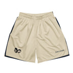Cannon Boys mesh shorts — Bone (printed) — full front with heads, wordmark and printed contrast bands; Printful all-over-print recycled unisex mesh shorts White base with printed Bone (printed); supplier digital mockup.
