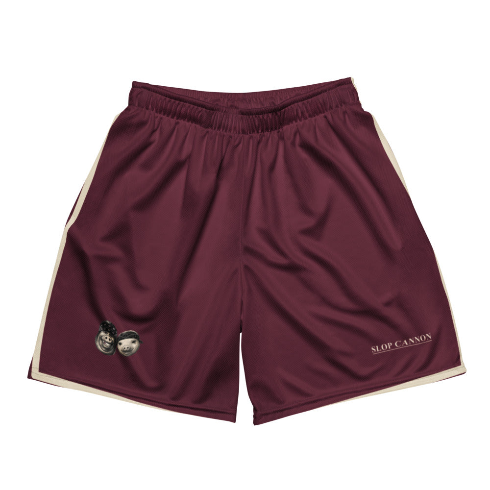 Cannon Boys mesh shorts — Burgundy (printed) — full front with heads, wordmark and printed contrast bands; Printful all-over-print recycled unisex mesh shorts White base with printed Burgundy (printed); supplier digital mockup.