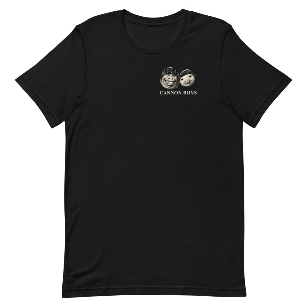 Cannon Boys tee — Black — full front with paired heads and CANNON BOYS at left chest; Bella + Canvas 3001 Black; supplier digital mockup.