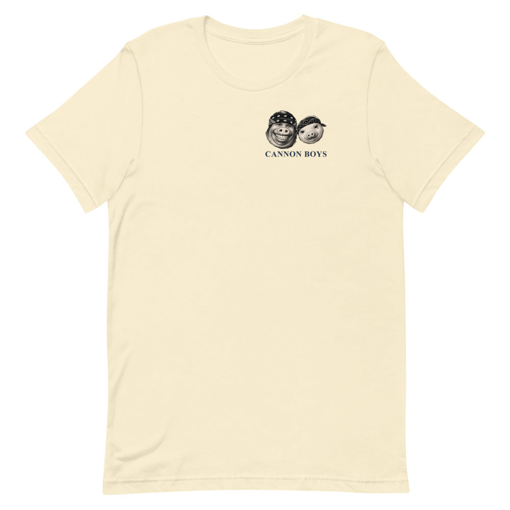 Cannon Boys tee — Natural — full front with paired heads and CANNON BOYS at left chest; Bella + Canvas 3001 Natural; supplier digital mockup.