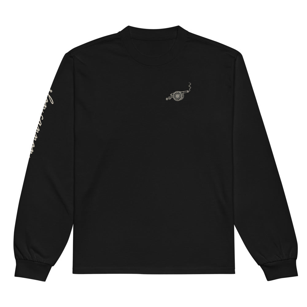 Gallery Script long-sleeve tee — Black — full front with approved artwork; AS Colour 5081 long sleeve Black; supplier digital mockup.