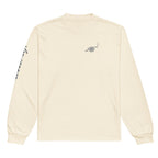 Gallery Script long-sleeve tee — Ecru — full front with approved artwork; AS Colour 5081 long sleeve Ecru; supplier digital mockup.