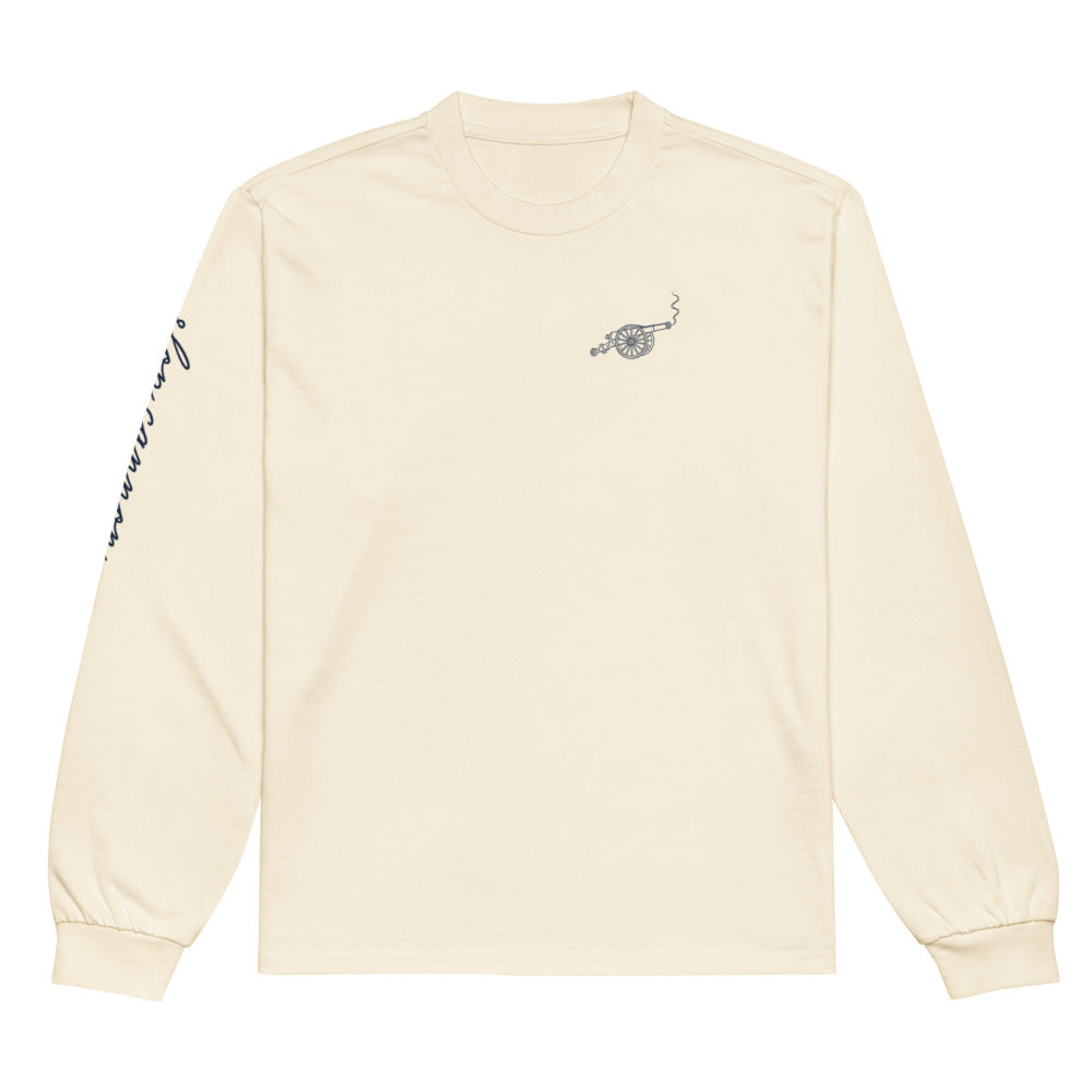 Gallery Script long-sleeve tee — Ecru — full front with approved artwork; AS Colour 5081 long sleeve Ecru; supplier digital mockup.