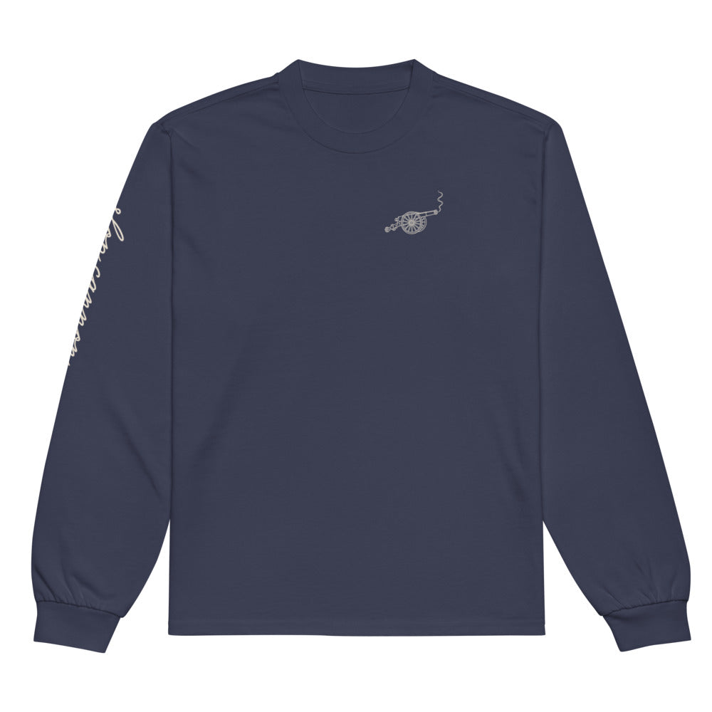 Gallery Script long-sleeve tee — Midnight Blue — full front with approved artwork; AS Colour 5081 long sleeve Midnight Blue; supplier digital mockup.