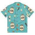 Propane Paradise Beach Button-Up — Turquoise / Cream / Orange — full front with configured propane, flower and microphone print; Printful all-over-print unisex button-up shirt White base / all-over print; supplier digital mockup.
