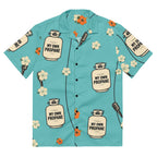 Propane Paradise Beach Button-Up — Turquoise / Cream / Orange — full front with configured propane, flower and microphone print; Printful all-over-print unisex button-up shirt White base / all-over print; supplier digital mockup.
