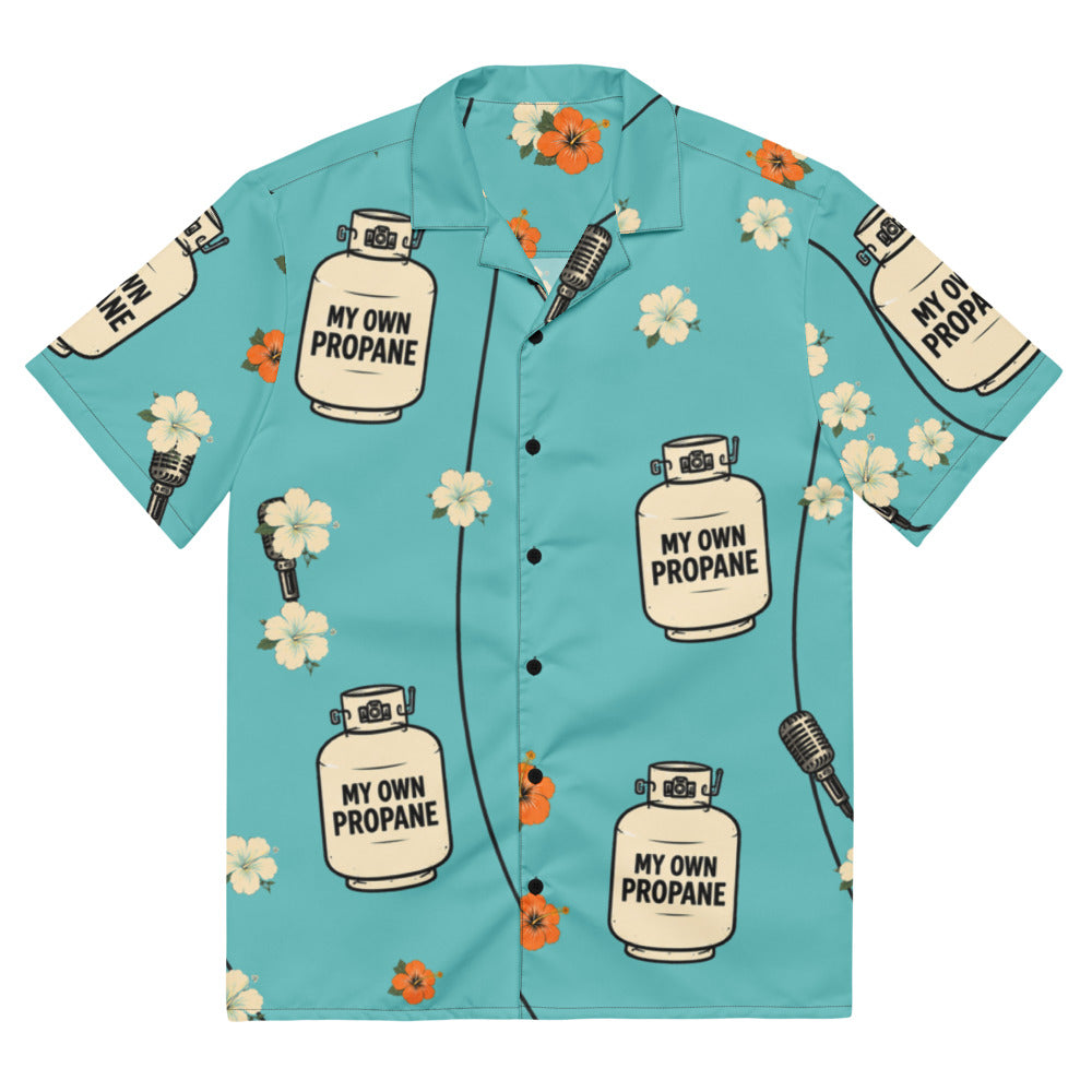 Propane Paradise Beach Button-Up — Turquoise / Cream / Orange — full front with configured propane, flower and microphone print; Printful all-over-print unisex button-up shirt White base / all-over print; supplier digital mockup.